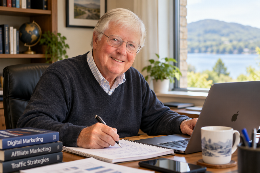 Ian Ashbrook working at his desk on the 2026 online business experiment