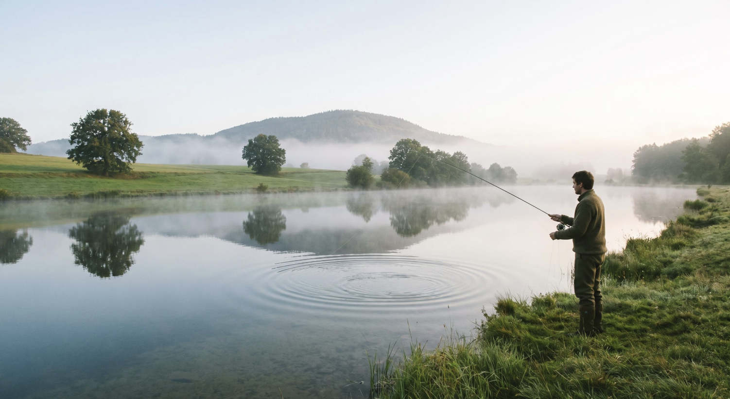 A lone fisherman casting into a misty lake