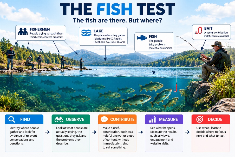 For the OP3 Image element, use:
Alt Text:
The Fish Test showing fishermen as marketers, the lake as online platforms, fish as potential customers, and the five steps Find, Observe, Contribute, Measure and Decide.